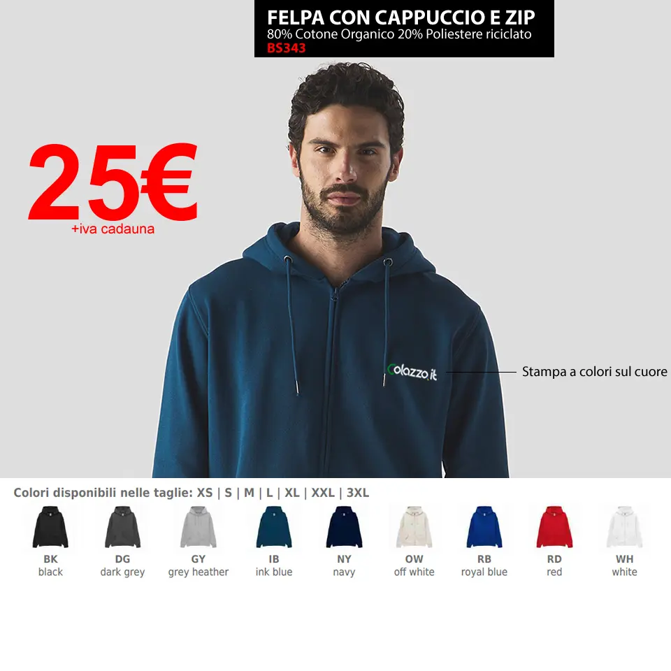 FELPA con CAPPUCCIO e ZIP con stampa a colori sul cuore