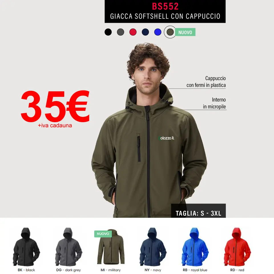 Giacca in SoftShell con CAPPUCCIO e ZIP con stampa a colori sul cuore