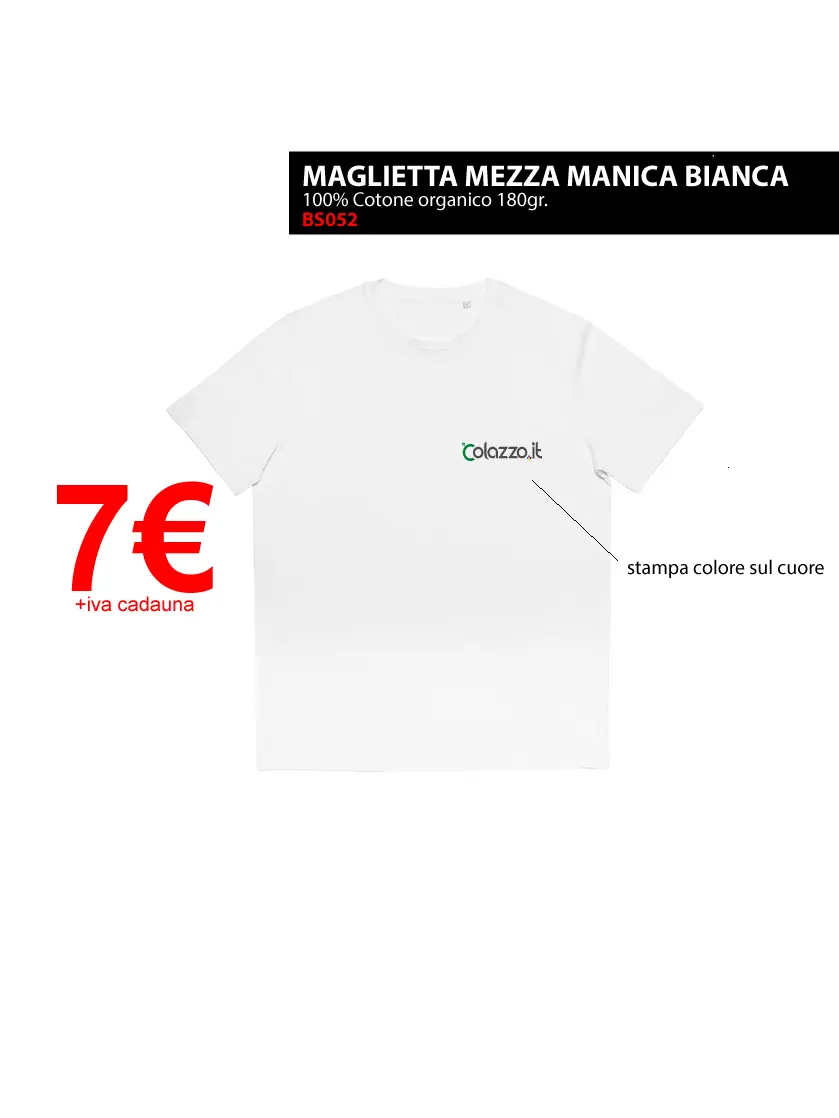 Maglietta Mezza Manica Bianca 100% cotone organico 180gr con stampa a colori sul cuore