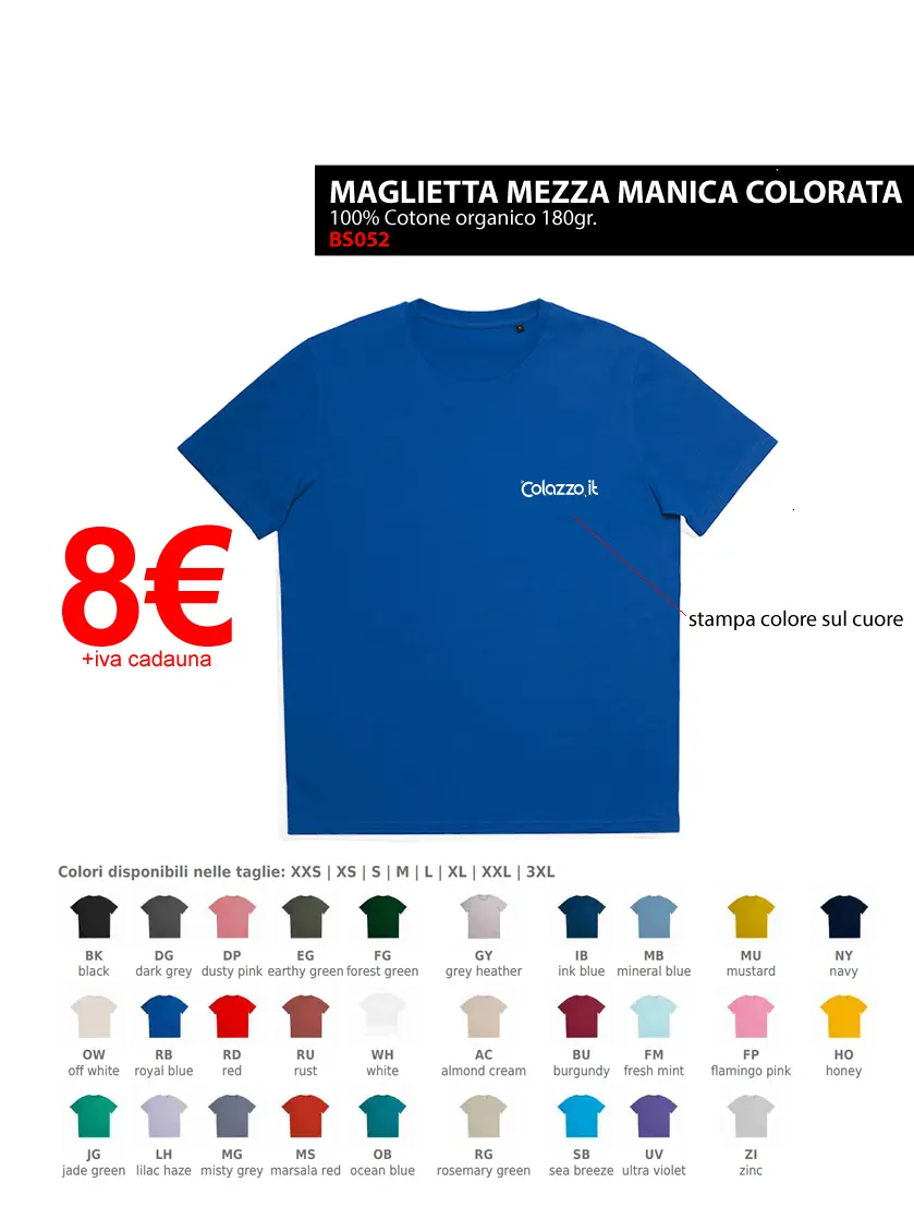 Maglietta Mezza Manica Colorata 100% cotone organico 180gr con stampa a colori sul cuore
