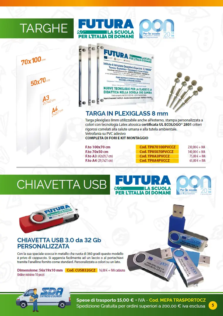Targhe in Plexiglass e Chiavette Usb Catalogo Targhe, Etichette ed altri prodotti per promuovere i progetti PNRR nelle Scuole e negli Enti pubblici
