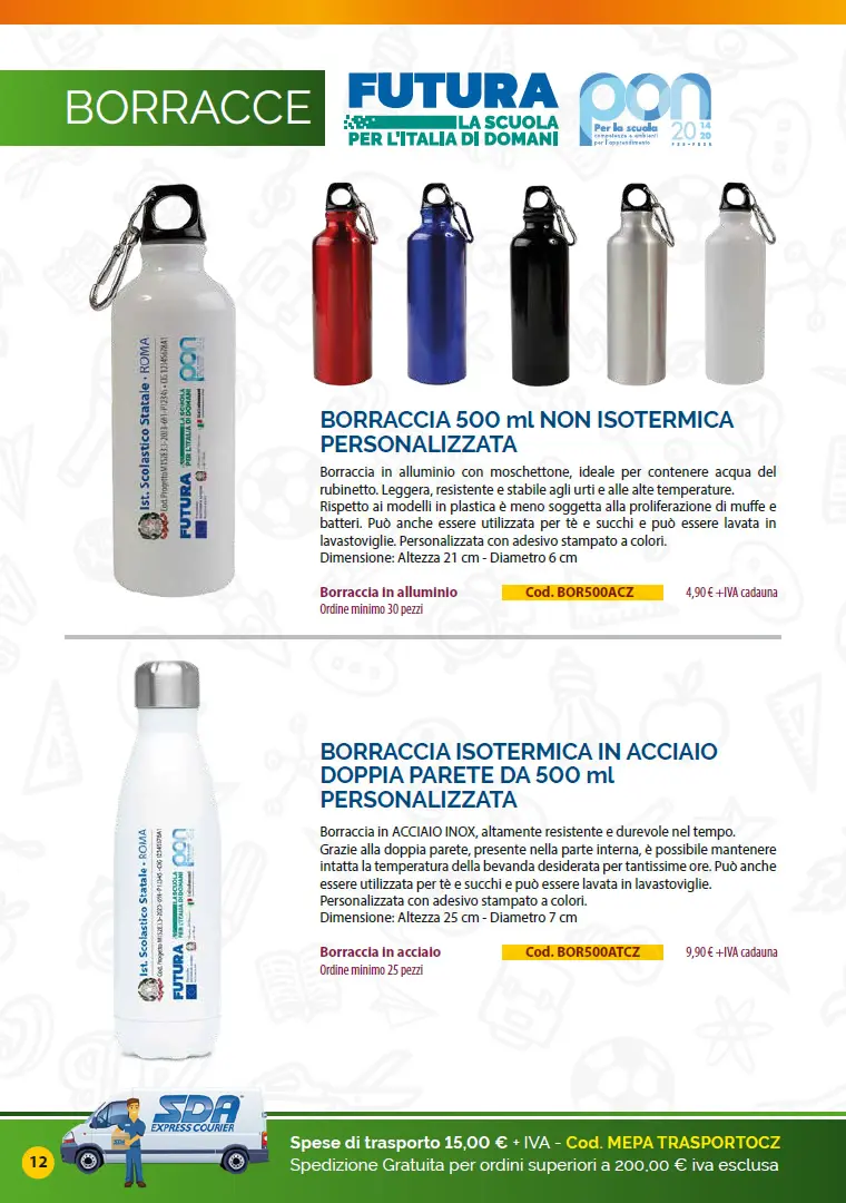 Borracce Catalogo Targhe, Etichette ed altri prodotti per promuovere i progetti PNRR nelle Scuole e negli Enti pubblici