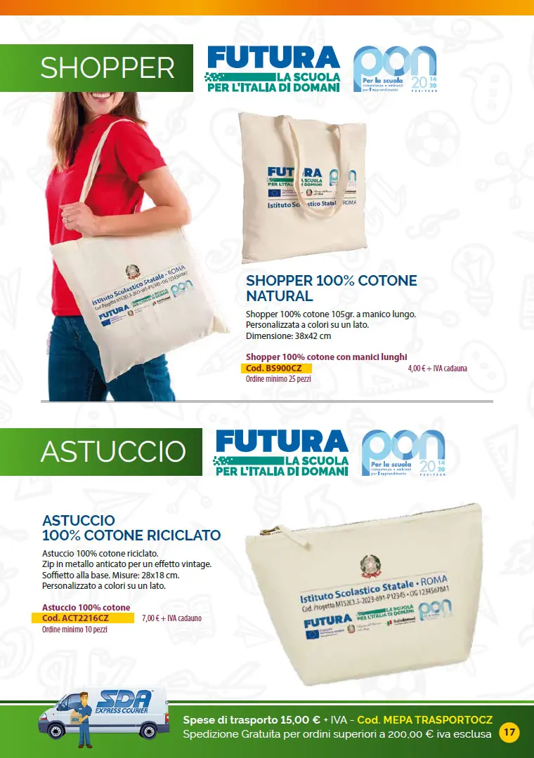 Shopper ed Astucci in cotone Catalogo Targhe, Etichette ed altri prodotti per promuovere i progetti PNRR nelle Scuole e negli Enti pubblici